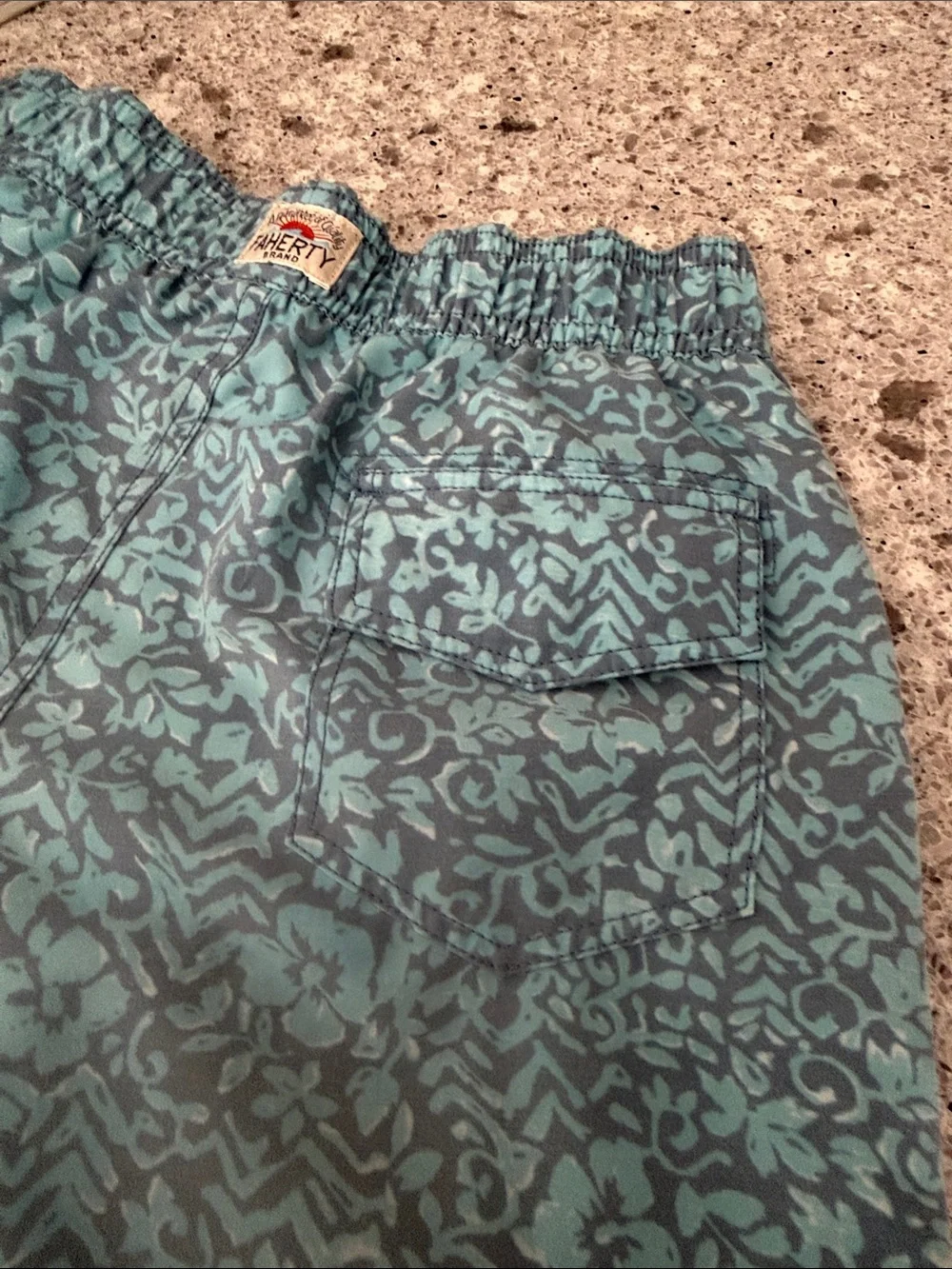 Faherty Boys Teal and Aqua Patterned Swim Trunks